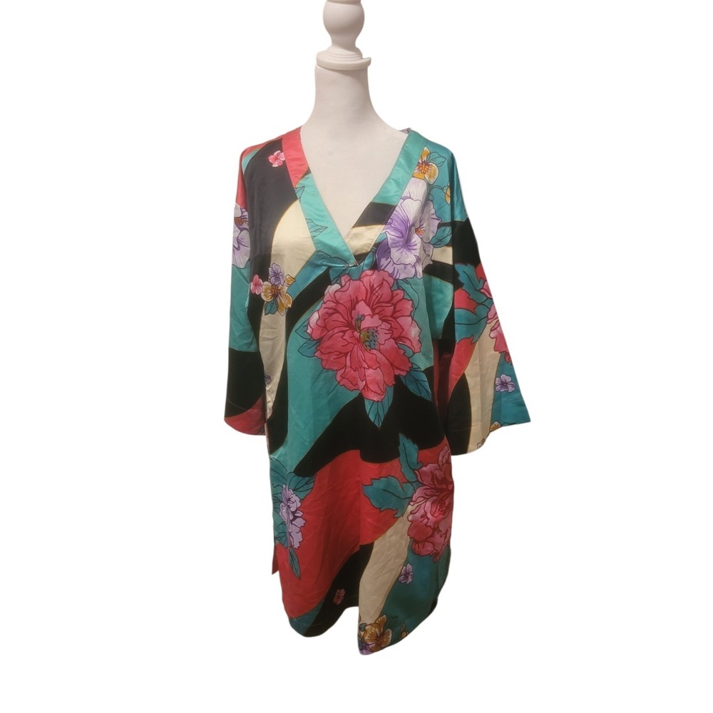 Vtg Natori Tropical Floral Print Pullover‎ Gown Small